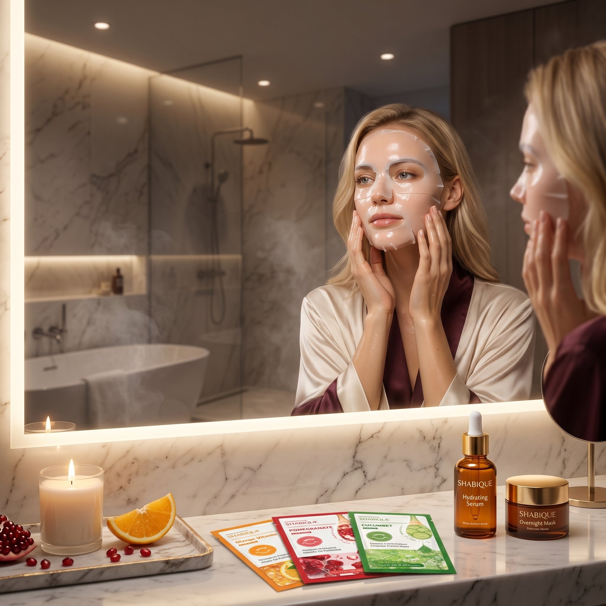 Woman applying hydrating vitamin c sheet mask in a beautifully lit bathroom with skincare products.