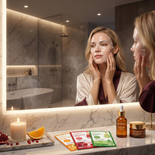 Woman applying hydrating vitamin c sheet mask in a beautifully lit bathroom with skincare products.