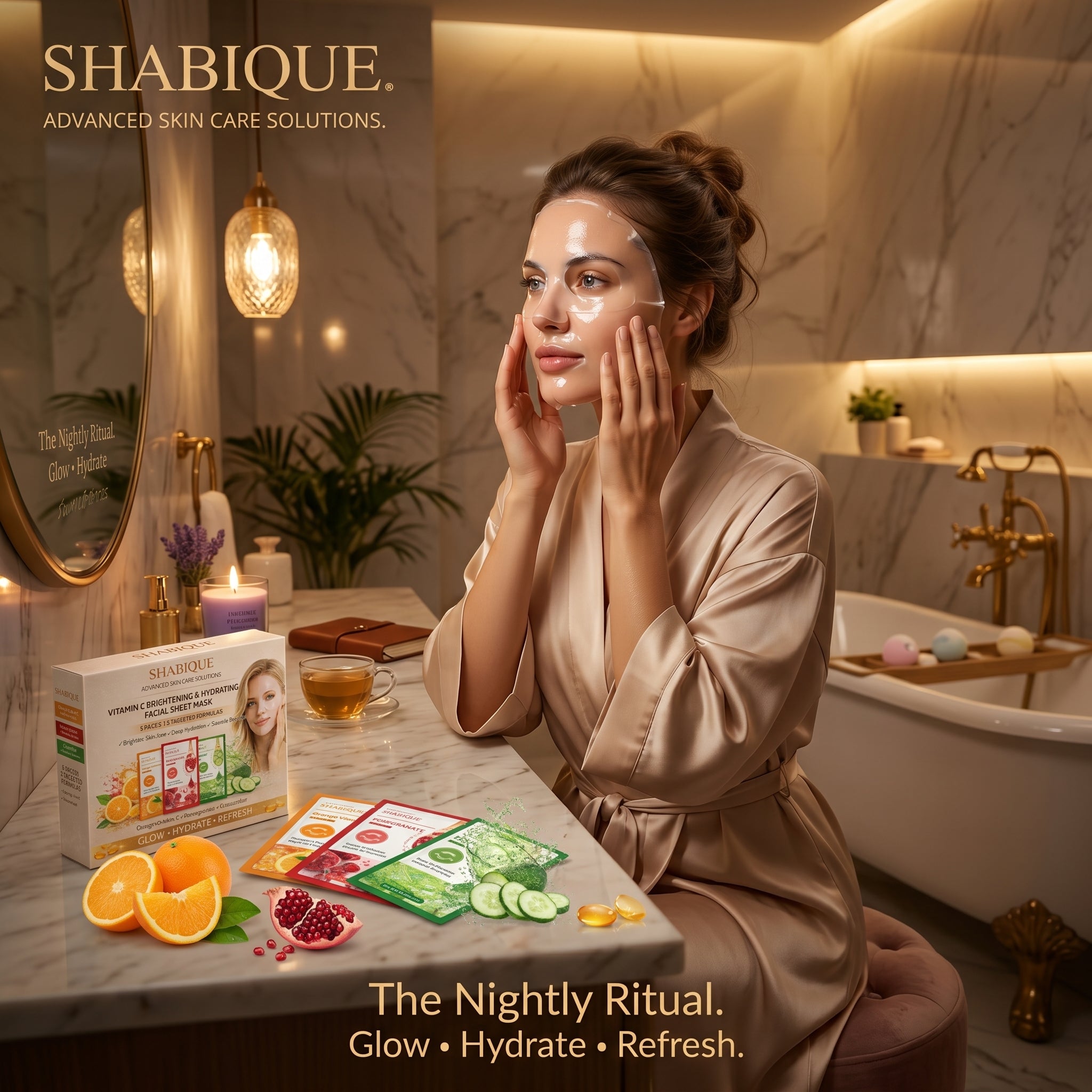 A woman in a robe applying a hydrating vitamin c sheet mask in a luxurious bathroom setting.