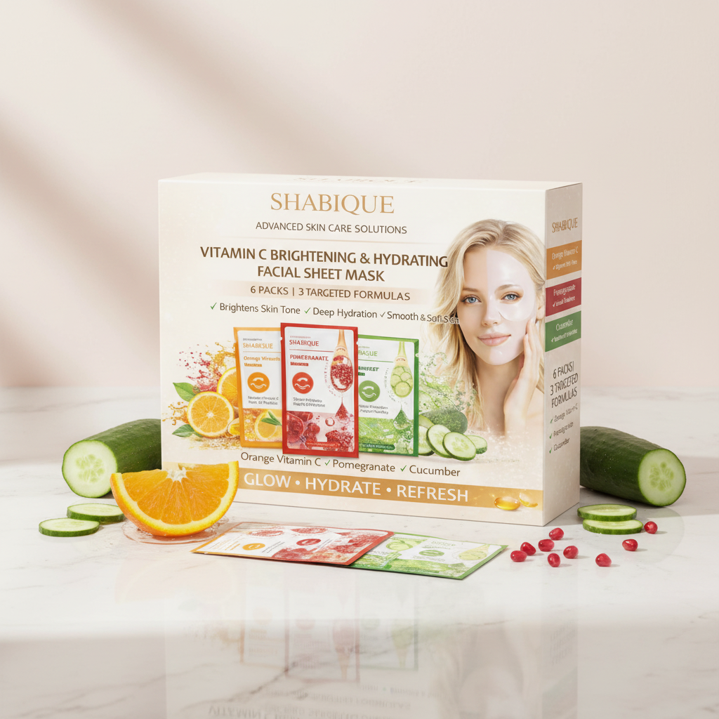 Hydrating vitamin c sheet mask set with pomegranate and cucumber, designed for deep moisturizing and brightening skin care.